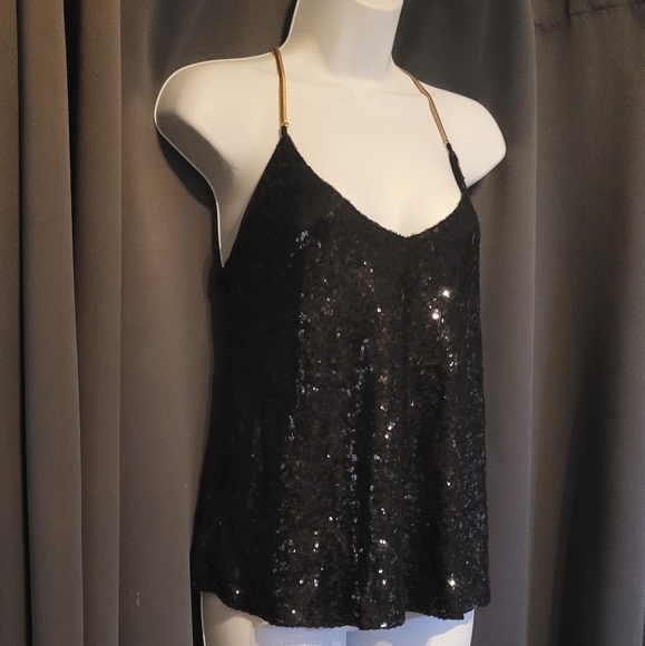 Black and Gold Chain Sequin Halter Top Sparkly Sequin Top - Picture 5 of 14